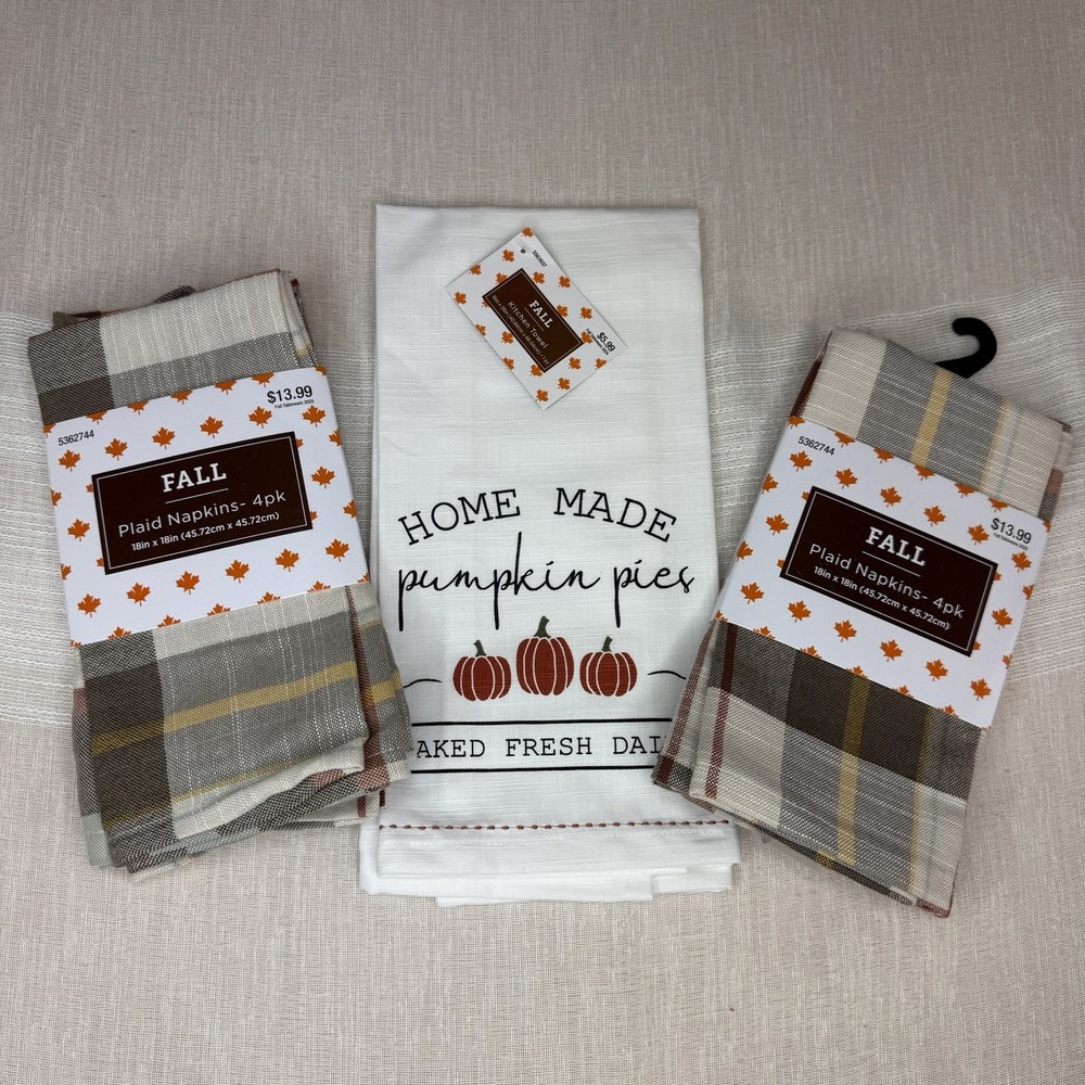 8 Fall Plaid Cloth Napkins 18x18 Square Fall Kitchen Towel Thanksgiving Lot NEW